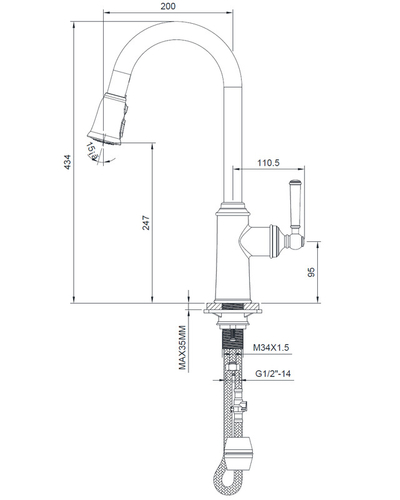 Змішувач Imprese Hydrant для кухні, висувна лійка 50 см, 3 функції, 35 мм ZMK031806150