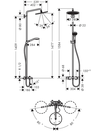 Душевая система Hansgrohe Croma Select 280 Air 1jet Showerpipe для ванны с термостатом 26792000