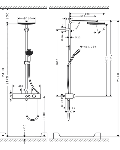 Душова система Hansgrohe Pulsify Showerpipe 260 1jet 400 EcoSmart, Matt White (24221700)