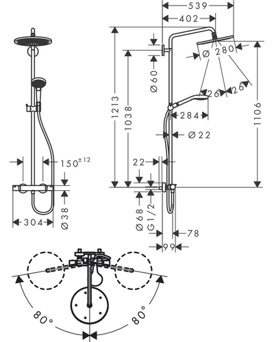 Душова система Hansgrohe Croma Select S 280 1jet Showerpipe з термостатом, brushed bronze (26890140)