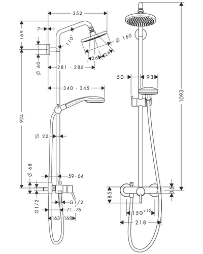 Душова панель Hansgrohe Croma 160 1jet Showerpipe зі змішувачем, хром (27154000)