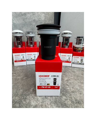 Донний клапан для раковини Koer PW-07-05 1.1/4 з переливом автоматичний Click-Clack чорний мат (KR5785)