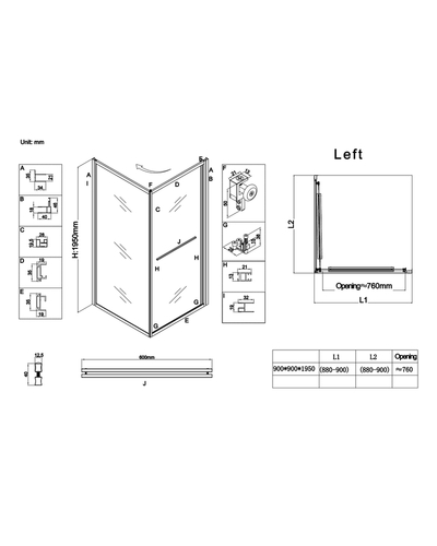 Душевая кабина без поддона Koer SR SC09-90x90x200-L-TR-07 прозрачное стекло Easy Clean 6мм графит левая (KR5685)