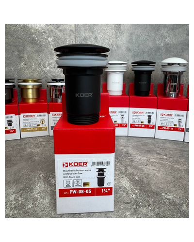 Донний клапан для раковини Koer PW-08-05 1.1/4 без переливу автоматичний Click-Clack чорний мат (KR5789)