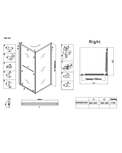 Душевая кабина без поддона Koer SR SC09-90x90x200-R-TR-01 прозрачное стекло Easy Clean 6мм хром правая (KR5770)