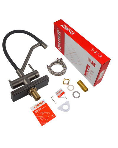 Смеситель для кухни Koer KB-74027-07 с функцией "водопад" и черным силиконовым изливом графит (KR5203)