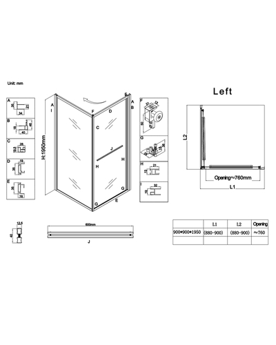 Душевая кабина без поддона Koer SR SC09-90x90x200-L-TR-01 прозрачное стекло Easy Clean 6мм хром левая (KR5683)