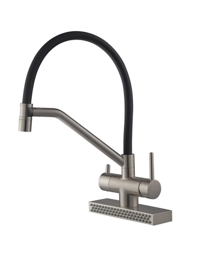 Смеситель для кухни Koer KB-74027-02 с функцией "водопад" и черным силиконовым изливом (KR5201)