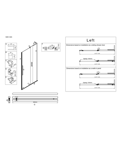 Двері у нішу Walk-In розсувні Koer SR SD07-120x200-L-TR-12 прозоре скло Easy Clean 8мм матове золото ліва (KR5687)