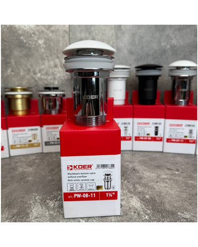 Донний клапан для раковини Koer PW-08-11 1.1/4 без переливу автоматичний Click-Clack біла керам.накл (KR5788)