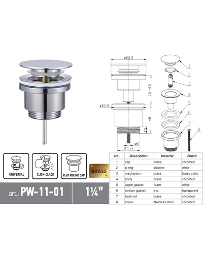 Донний клапан для раковини Koer PW-11-01 1.1/4 універсальний Click-Clack хром (KR5790)
