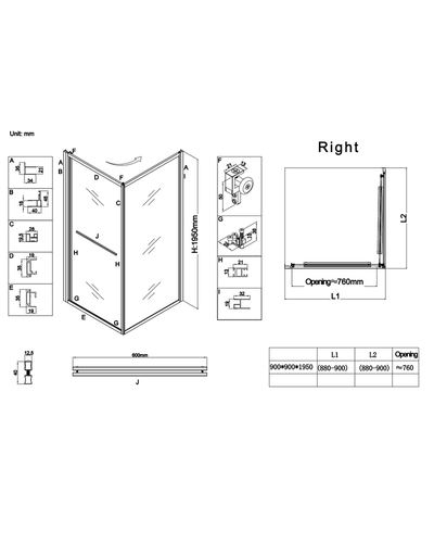Душевая кабина без поддона Koer SR SC09-90x90x200-R-TR-12 прозрачное стекло Easy Clean 6мм матовое золото правая (KR5771)