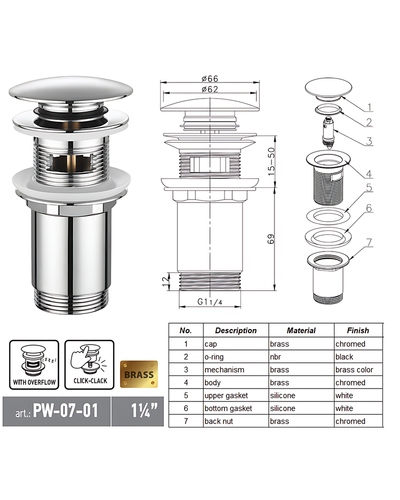 Донний клапан для раковини Koer PW-07-01 1.1/4 з переливом автоматичний Click-Clack хром (KR5782)