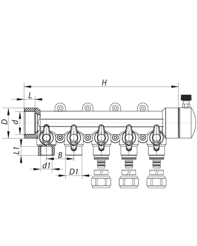 Коллектор распределительный 5-way с фитингом (40x20) PPR Koer K0193.PRO (KP2558)