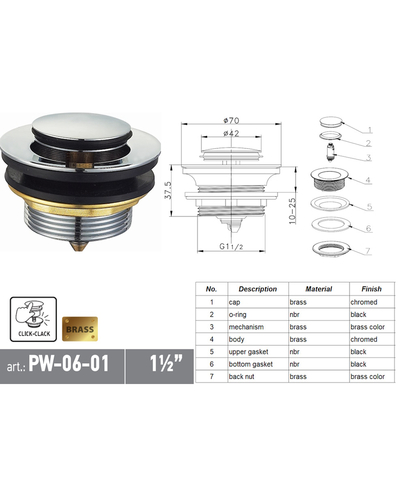Донний клапан для ванни / піддону Koer PW-06-01 1.1/2 автоматичний Click-Clack хром (KR5799)