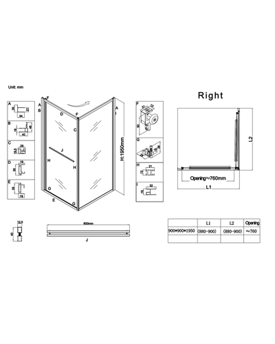 Душевая кабина без поддона Koer SR SC09-90x90x200-R-TR-07 прозрачное стекло Easy Clean 6мм графит правая (KR5772)