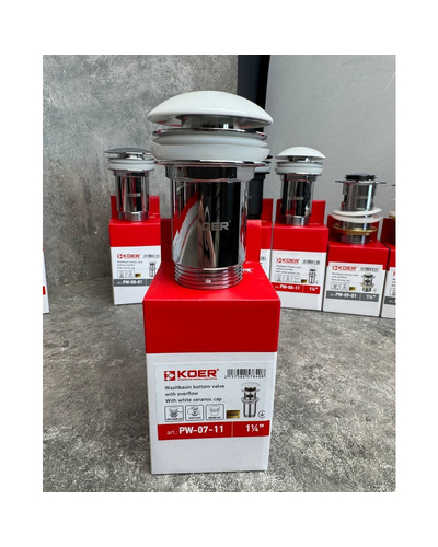 Донний клапан для раковини Koer PW-07-11 1.1/4 з переливом автоматичний Click-Clack біла керам.накл. (KR5784)