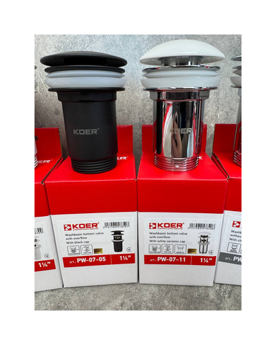 Донний клапан для раковини Koer PW-07-05 1.1/4 з переливом автоматичний Click-Clack чорний мат (KR5785)