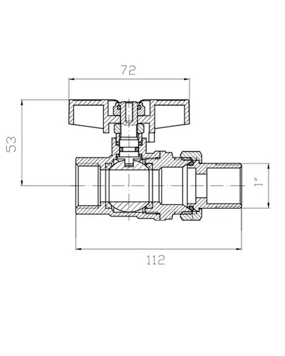 Кран с американкой Koer Extreme KE.227-25 - 1" ручка "бабочка" красная (KR5767)