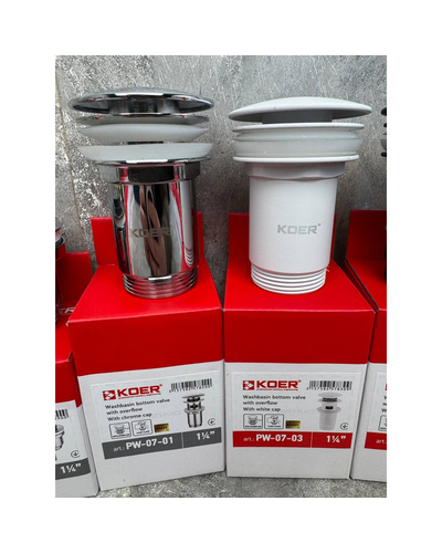 Донний клапан для раковини Koer PW-07-03 1.1/4 з переливом автоматичний Click-Clack білий (KR5783)