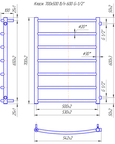 Полотенцесушитель Mario Классик 700х500 Б/П 1/2", 7 перемычек 1.1.2208.02.P