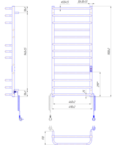 Рушникосушка Mario Преміум Люкс-I 1100х500/170 TR К 2.2.1410.03.P з таймером-регулятором