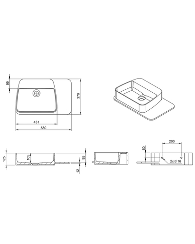 Умывальник Volle 58*37*12,5см подвесной, с полочкой каменный Solid surface 13-40-415