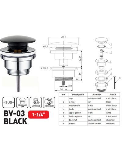Донний клапан для раковини Zerix BV-03 BLACK 1 1/4'' універсальний (з/без перел) СLICK-СLACK (Колір чорний) (ZX6020)