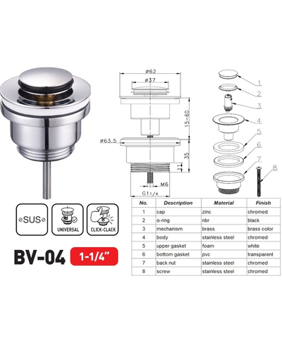 Донний клапан для раковини Zerix BV-04 1 1/4'' універсальний (з/без перел) СLICK-СLACK (Колір хром) (ZX6021)