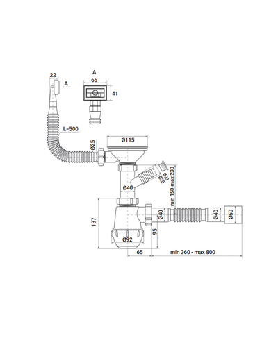 Сифон для кухні Zerix SK-02-B 3 1/2"x40 з різьб. випуском та відведенням для пральної машини (ZX4953)