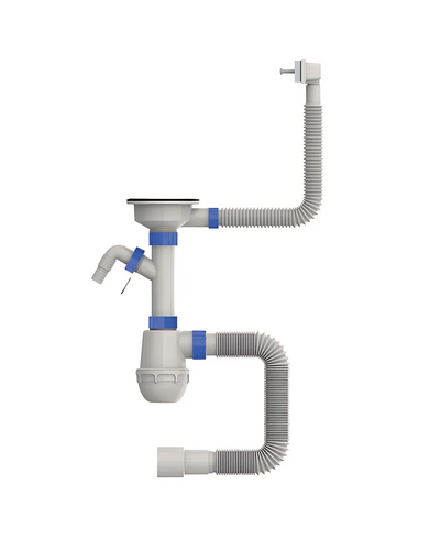 Сифон для кухні Mixxus SK-05-WH 3 1/2"x40 з пластиковою сіткою, відведенням для пральної машини, гнучким прямок. переливом (MI8193)