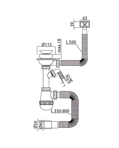 Сифон для кухні Mixxus SK-02-B 3 1/2"x40 з нерж.сіткою, відведенням для пральної машини, гнучким прямок. переливом (MI8195)