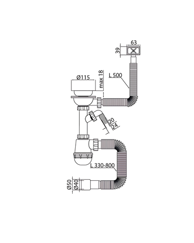 Сифон для кухні Mixxus SK-05-BL 3 1/2"x40 з пластиковою сіткою, відведенням для пральної машини, гнучким прямок. переливом (MI8192)