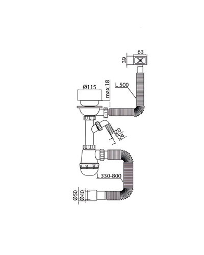 Сифон для кухні Mixxus SK-05-WH 3 1/2"x40 з пластиковою сіткою, відведенням для пральної машини, гнучким прямок. переливом (MI8193)