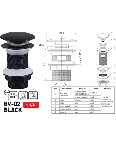 Донний клапан для раковини Zerix BV-02 BLACK 1 1/4'' без переливу автоматичний СLICK-СLACK (Колір чорний) (ZX6018)