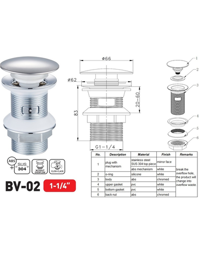 Донний клапан для раковини Zerix BV-02 1 1/4'' без переливу автоматичний СLICK-СLACK (Колір хром) (ZX6015)