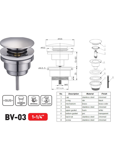 Донний клапан для раковини Zerix BV-03 1 1/4'' універсальний (з/без перел) СLICK-СLACK (Колір хром) (ZX6019)
