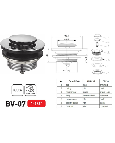 Донний клапан для ванни Zerix BV-07 1 1/2'' автоматичний СLICK-СLACK (Колір хром) (ZX6024)
