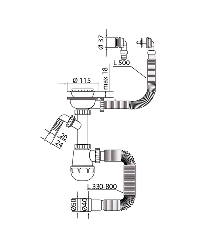 Сифон для кухні Mixxus SK-07-B 3 1/2"x40 з нерж.сіткою, відведенням для пральної машини, гнучким круг. переливом (MI8199)