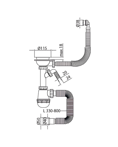 Сифон для кухні Mixxus SK-06-BL 3 1/2"x40 з пластиковою сіткою, відведенням для пральної машини, гнучким круг. переливом (MI8196)