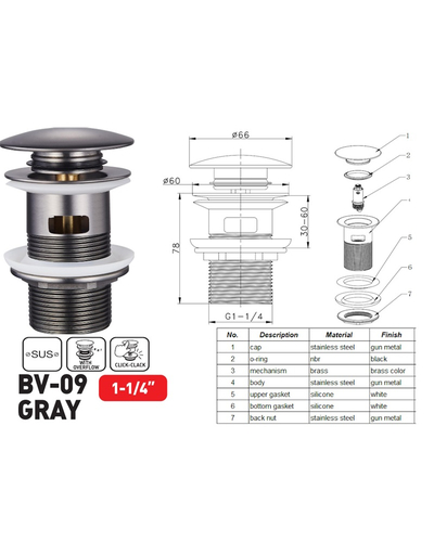 Донный клапан для раковины с переливом Zerix BV-09 GRAY 1 1/4" автоматический Click-Clack (Цвет графит) (MY0415)