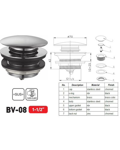 Донний клапан для ванни Zerix BV-08 1 1/2'' автоматичний СLICK-СLACK (Колір хром) (ZX6025)