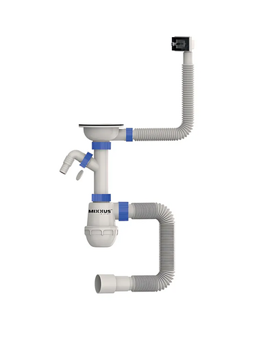 Сифон для кухні Mixxus SK-02-B 3 1/2"x40 з нерж.сіткою, відведенням для пральної машини, гнучким прямок. переливом (MI8195)